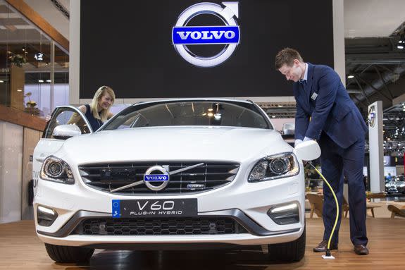 A Volvo plug-in hybrid, on display at the2014 AMI Auto Show in Leipzig, Germany.