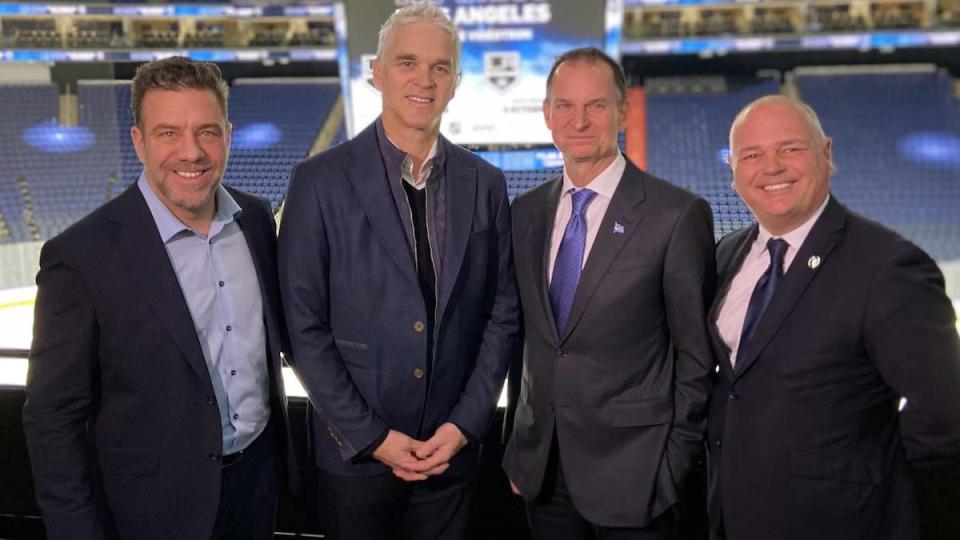 From left: Martin Tremblay, Luc Robitaille, Eric Girard and Jonathan Julien, minister responsible for the Capitale-Nationale region. (Radio-Canada - image credit)