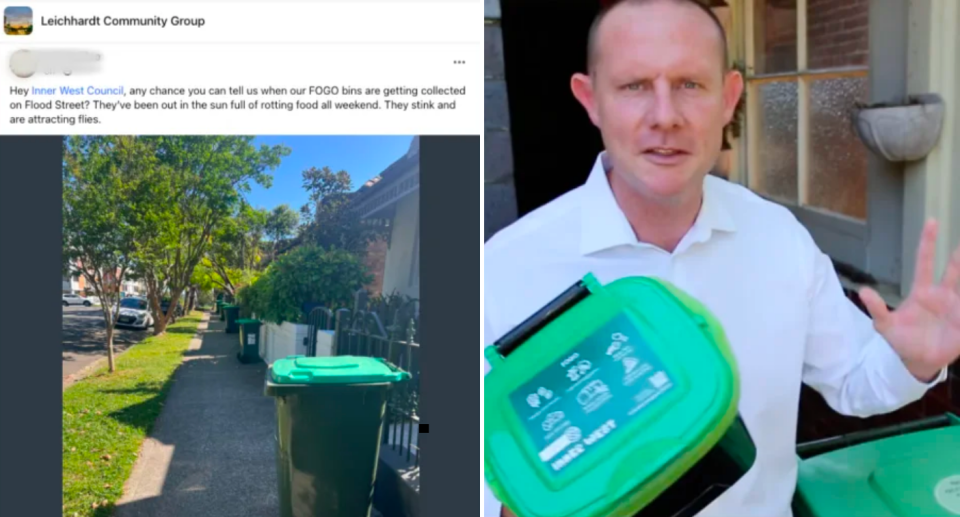 Left is an image of a FOGO bin on the street in the Inner West shared in a scathing post on Facebook. Right an image of Mayor of the Inner West Darcy Byrne holding a kitchen FOGO bin.