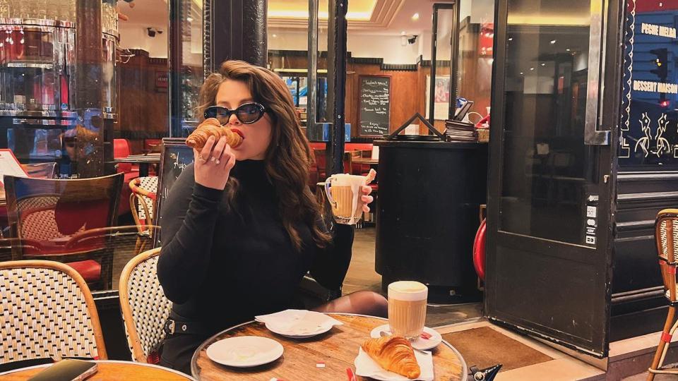 Selena Gomez posts an image of her sipping on a coffee and eating a croissant while in Paris 