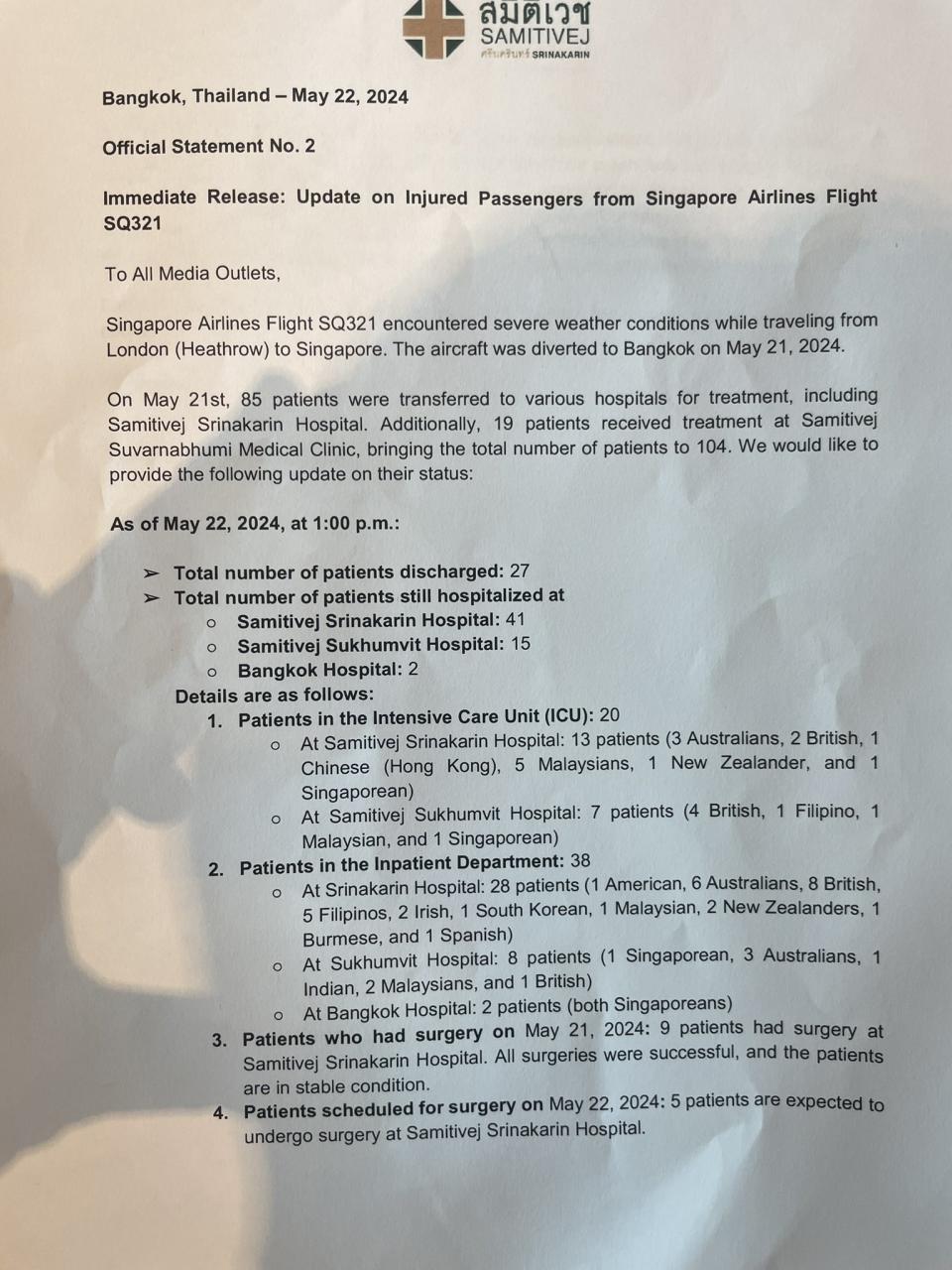 Samitivej Srinakarin醫院發出的新聞稿指，該醫院仍有 41 名傷者留醫，其中有 13 人在該醫院的深切治療部，包括一名香港人。