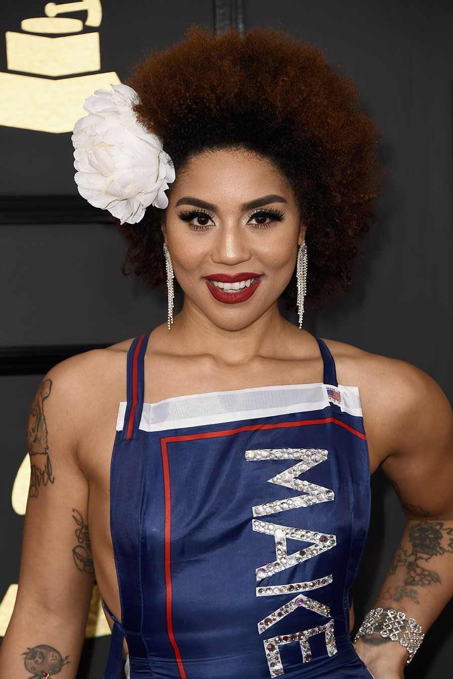 Joy Villa made a statement in a red, white, and blue gown at the 2017 Grammy Awards. (Photo: Getty Images)