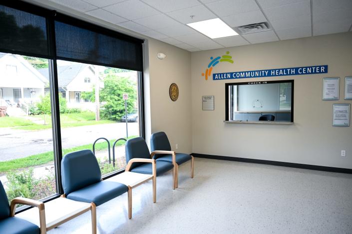 The lobby of the new Allen Community Health Center at Allen Place is pictured on Thursday, June 9, 2022. The health center will treat anyone, regardless of their ability to pay.