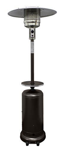 2) Best Portable: Hiland Propane Patio Heater w/Wheels, 48,000 BTU w/Table and 33" Heat Shield, Tall, Hammered Bronze