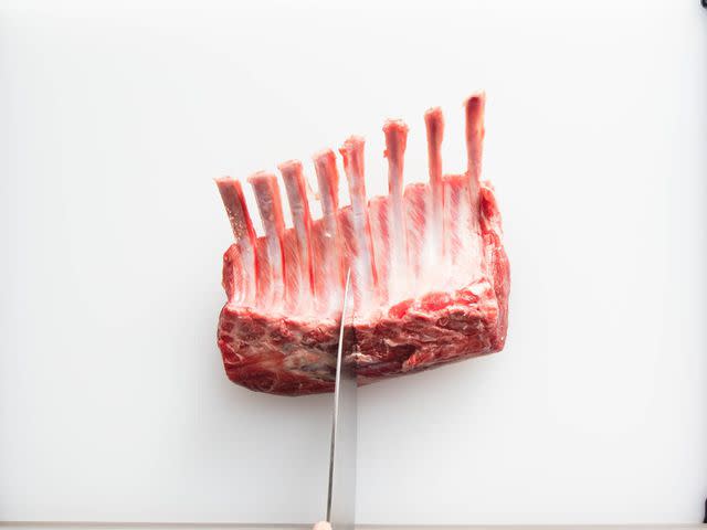 <p>Serious Eats / Vicky Wasik</p> Make sure to divide an eight-bone rack in the right place; otherwise, one four-bone half will end up with more meat than the other.