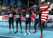 (L-R) Gil Roberts, Manteo Mitchell, Frankie Wright and Calvin Smith of the United States celebrate as they win gold in the Men’s 4x400 Metres Final during day three of the 14th IAAF World Indoor Championships at the Atakoy Athletics Arena on March 11, 2012 in Istanbul, Turkey. (Photo by Ian Walton/Getty Images)