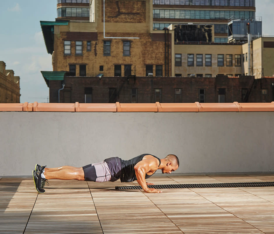 How to do it:<ol><li>Do 10 traditional pushups (hands directly under shoulders).</li><li>Next, do 10 diamond pushups (index fingers and thumbs touching).</li><li>Lastly, do 10 wide-grip pushups (hands wider than shoulders).</li></ol>