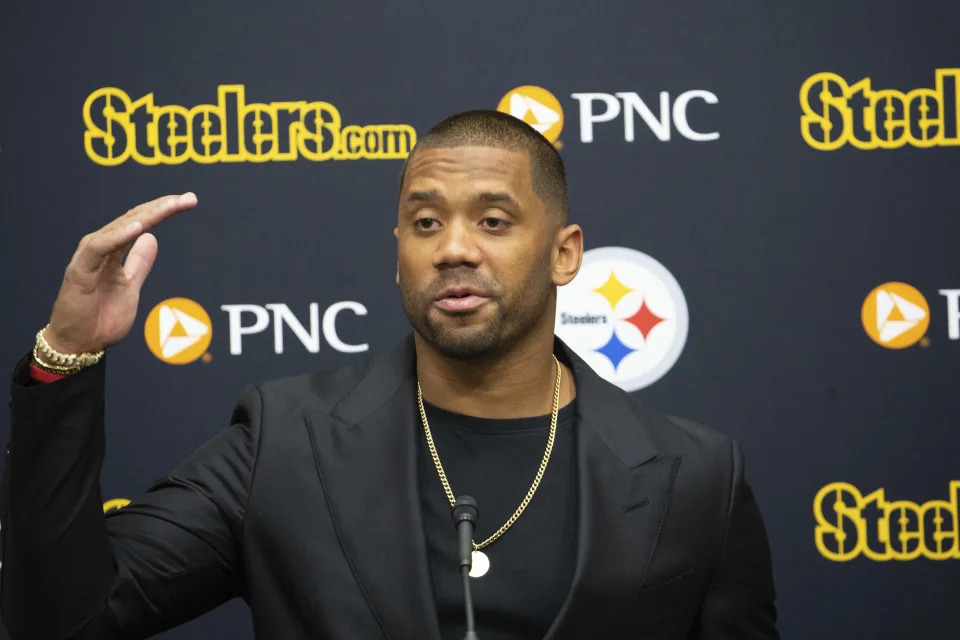 Pittsburgh Steelers newly signed quarterback Russell Wilson speaks with reporters in Pittsburgh, Friday, March 15, 2024, in Pittsburgh. Wilson signed a one-year deal with the Steelers on Friday after being cut by the Denver Broncos. (AP Photo/Rebecca Droke)