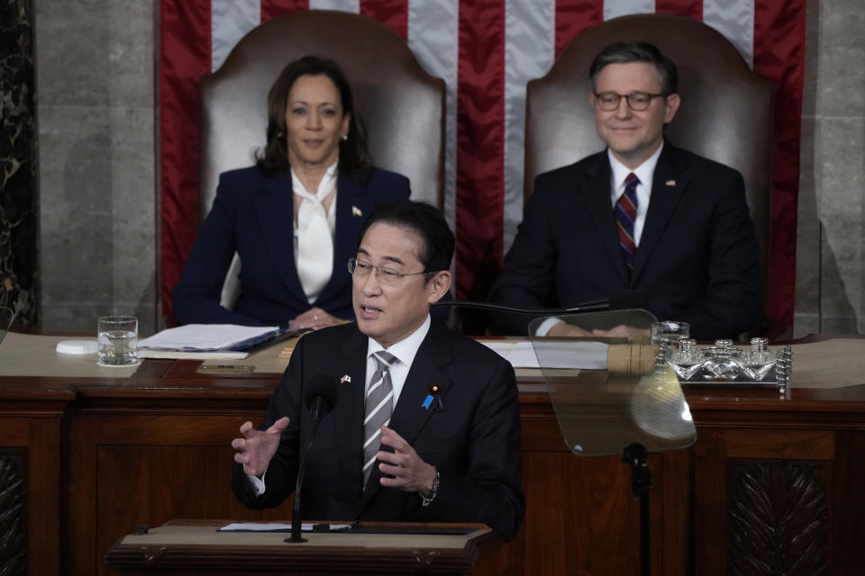 <strong>岸田文雄在參眾兩院聯席會議上發表全英文演說。（圖／美聯社）</strong>