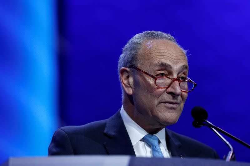 Senate Democratic Leader Schumer delivers remarks during the AIPAC convention at the Washington Convention Center in Washington