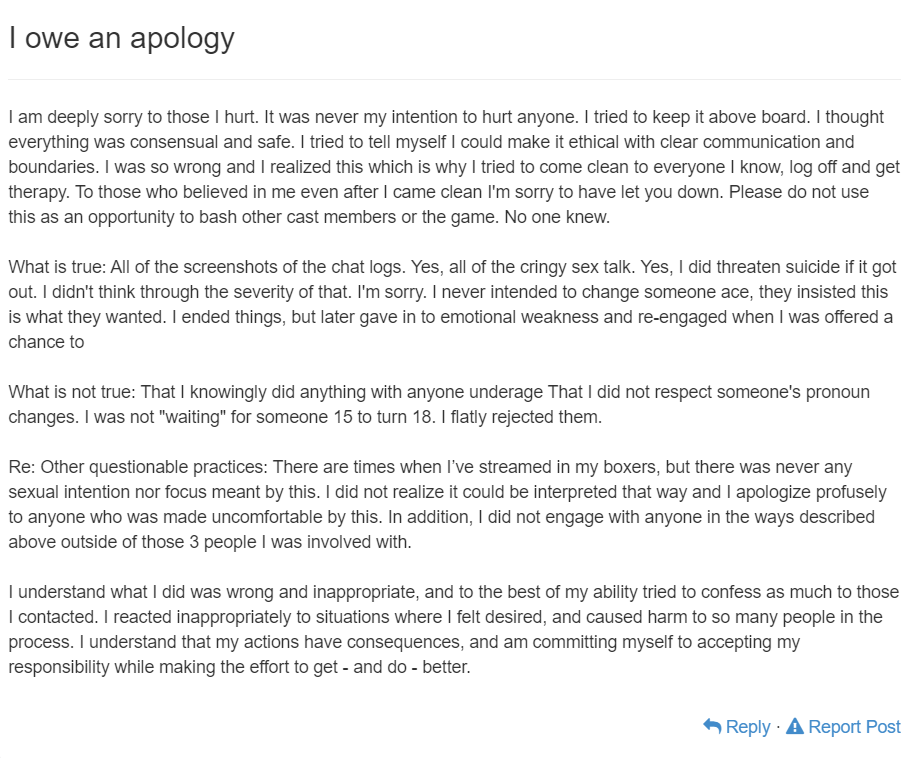 The apology, posted on 9 February, confirms most of the allegations made against Gindi by his Discord moderators. (Screenshot from Elliot Gindi's Twitlonger)