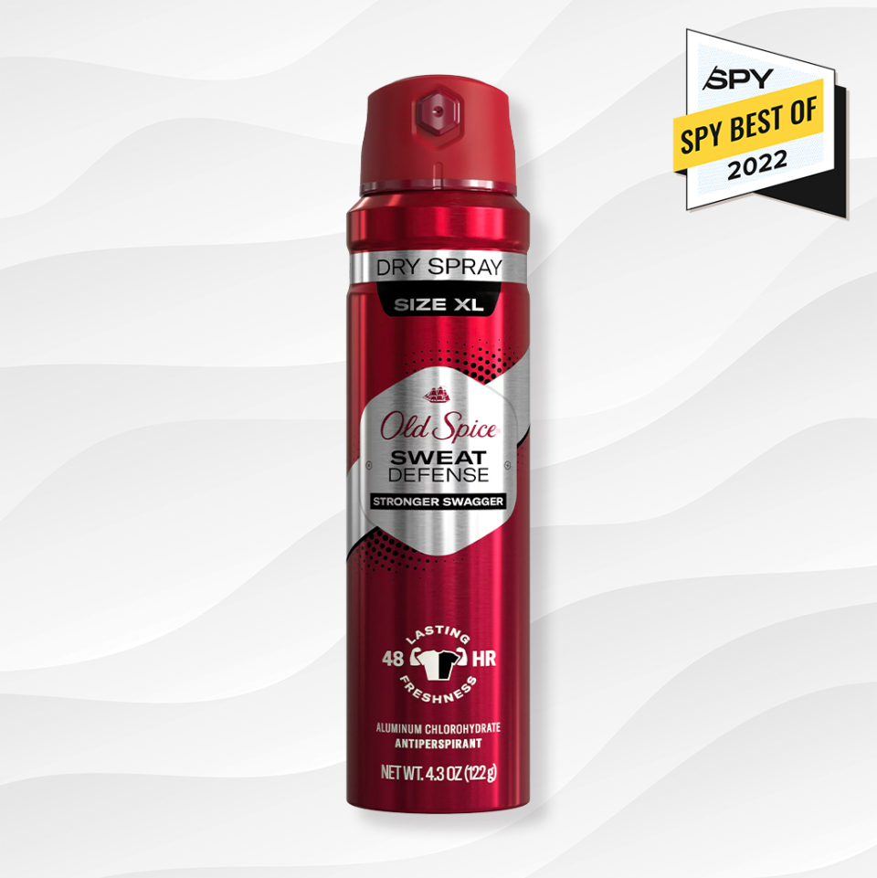the old spice sweat defense spray deodorant against a white wavy background