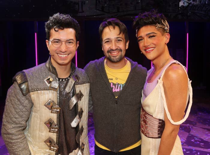 Philippe Arroyo, Lin-Manuel Miranda, and Justin David Sullivan pose backstage at the musical 