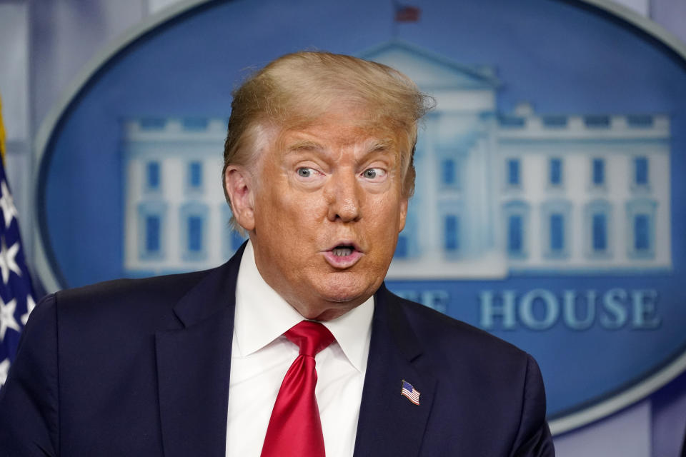 President Donald Trump speaks during a news conference at the White House, Friday, Aug. 14, 2020, in Washington. (AP Photo/Patrick Semansky)