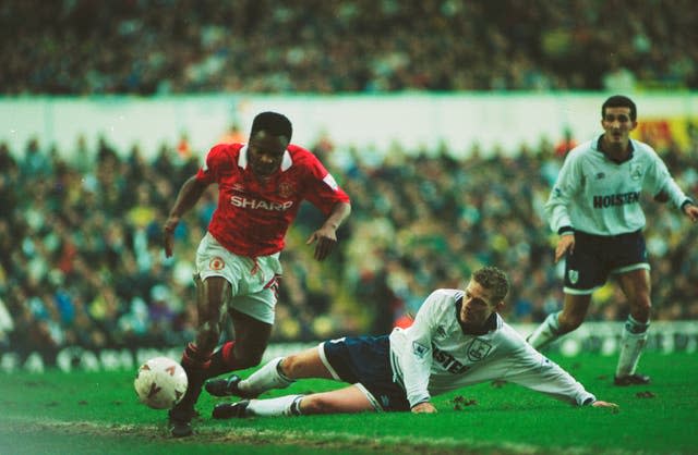 Paul Parker (left) in action against Tottenham