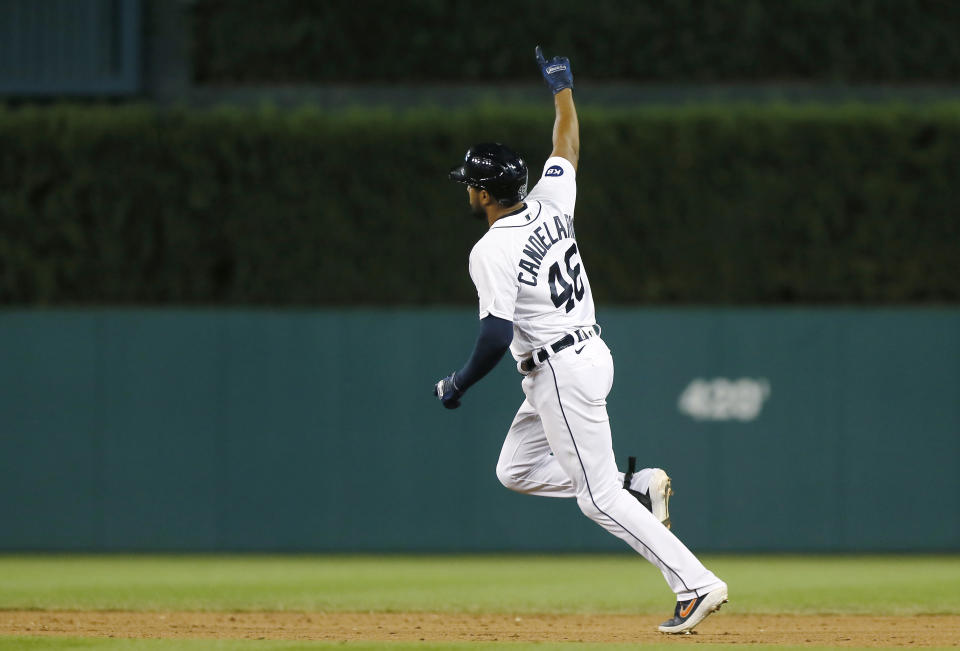 Detroit Tigers' Jeimer Candelario rounds the bases after hitting a two-run home run against the San Diego Padres during the seventh inning of a baseball game Tuesday, July 26, 2022, in Detroit. (AP Photo/Duane Burleson)