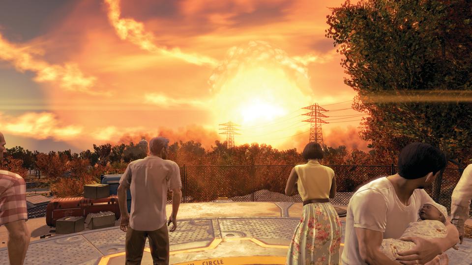 Civilians looking out an explosion in the distance