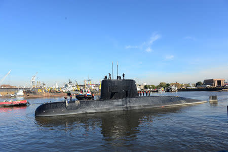 FILE PHOTO - The Argentine military submarine ARA San Juan and crew are seen leaving the port of Buenos Aires, Argentina June 2, 2014. Armada Argentina/Handout via REUTERS