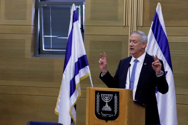 Benny Gantz, leader of Blue and White party, delivers a statement during the party faction meeting at the Knesset, Israel's parliament, in Jerusalem