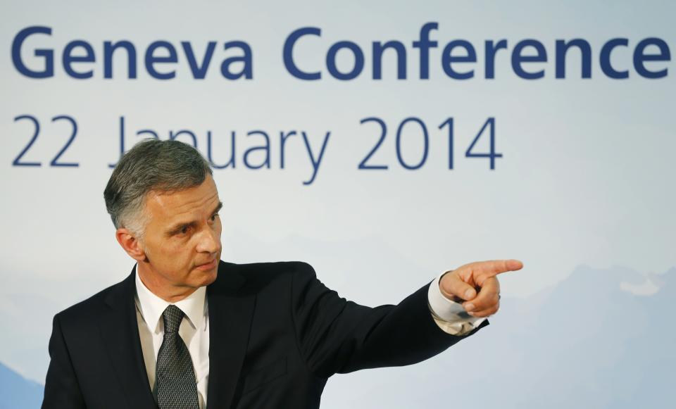 Swiss President Didier Burkhalter addresses a news conference before he leaves peace talks in Montreux January 22, 2014. International peace talks to address Syria's almost three-year-old civil war opened in Montreux near Geneva on Wednesday with a speech by U.N. Secretary General Ban Ki-moon. (REUTERS/Arnd Wiegmann)