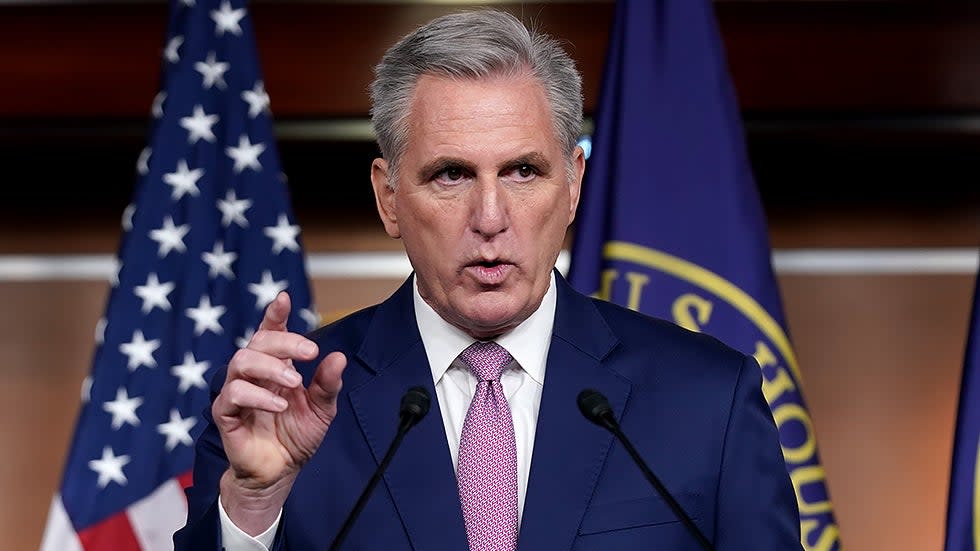 Minority Leader Kevin McCarthy (D-Calif.) addresses reporters during his weekly on-camera press conference on Wednesday, March 9, 2022.