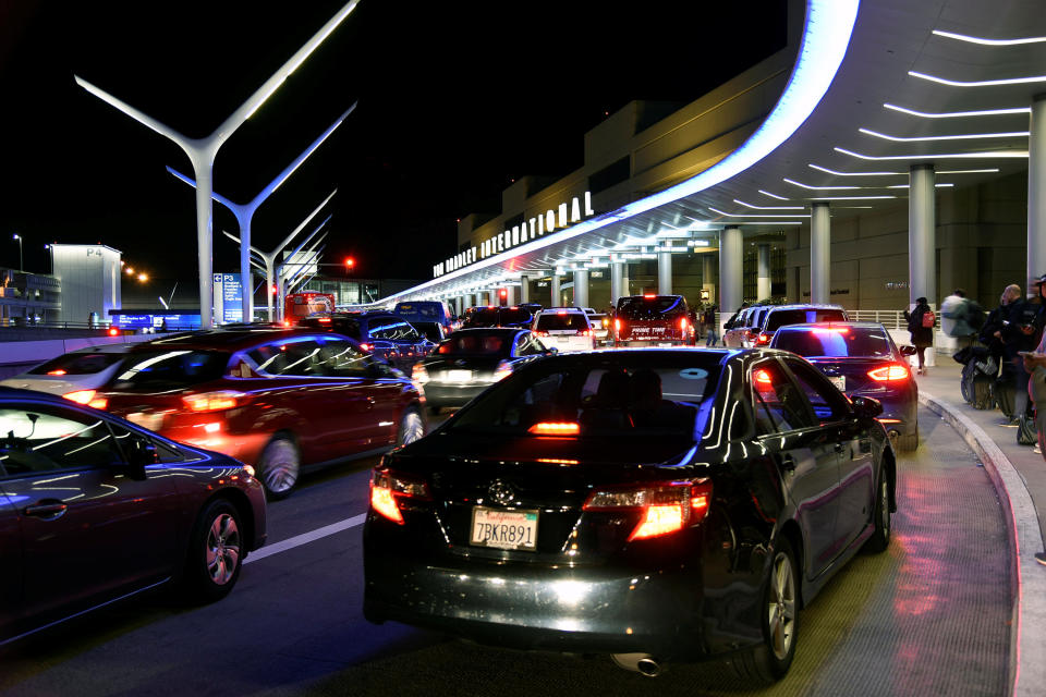 Backed-up traffic is seen outside the Tom Bradley International Terminal during the Thanksgiving holiday season, at Los Angeles International Airport in Los Angeles, California, U.S. November 23, 2016. REUTERS/Bob Riha Jr.