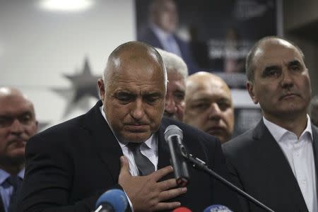 Former Bulgarian prime minister and leader of centre-right GERB party Boiko Borisov gestures during a news conference at the party's headquarters in Sofia, Bulgaria March 26, 2017. REUTERS/Stoyan Nenov