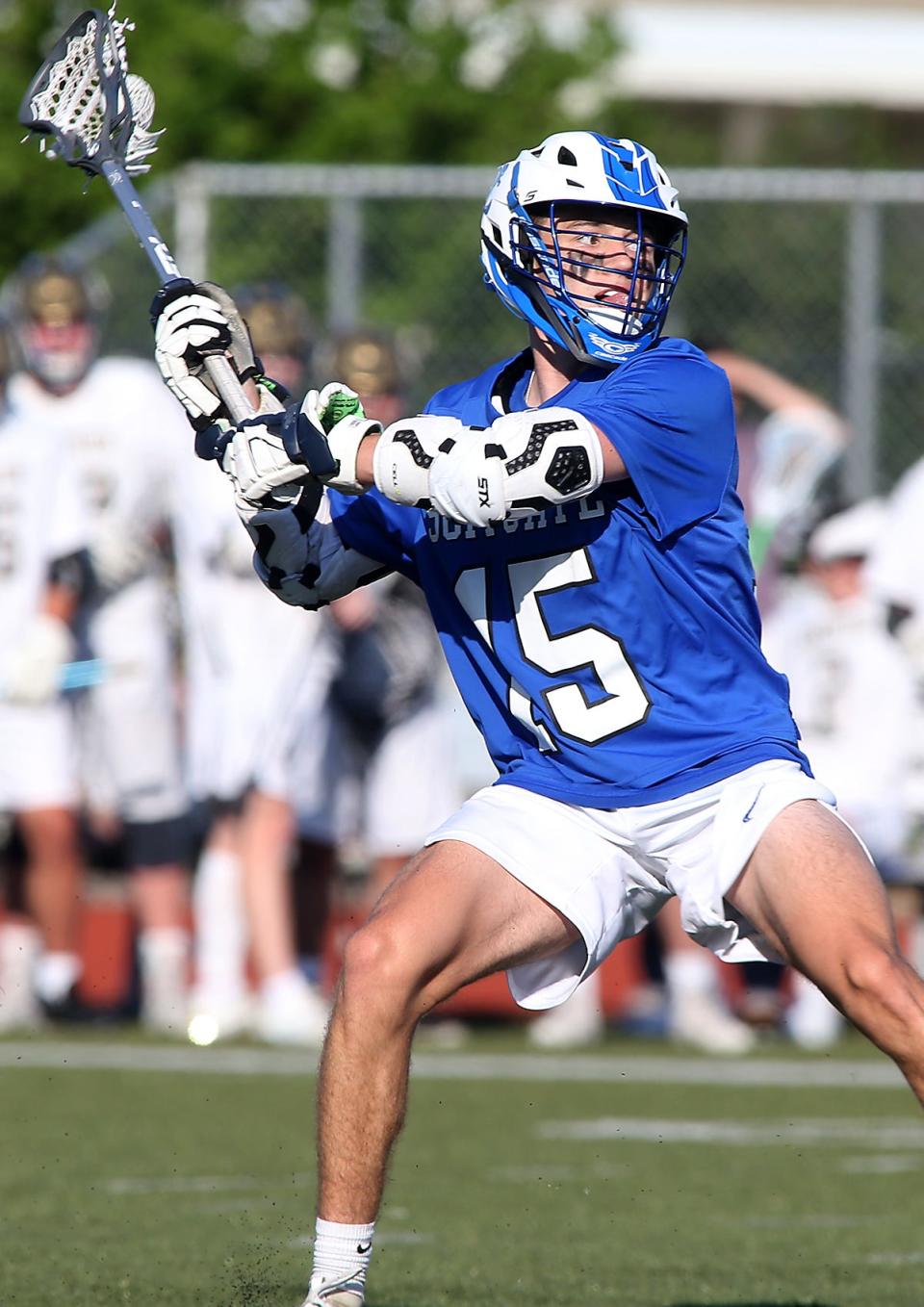 Scituate’s Joe Cahill rears back before firing a shot on goal during third quarter action of their game at Hanover High on Thursday, May 20, 2021.