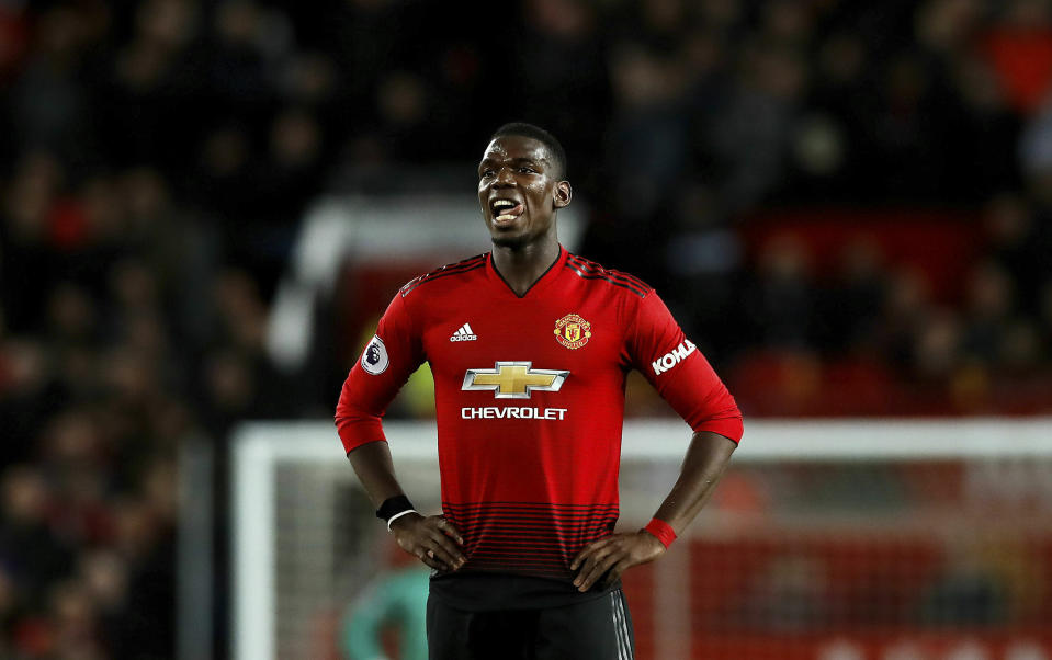 Manchester United's Paul Pogba reacts during the English Premier League soccer match between Manchester United and Manchester City at Old Trafford Stadium in Manchester, England, Wednesday April 24, 2019.(Martin Rickett, PA via AP)