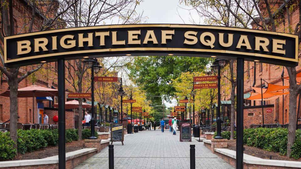 USA, North Carolina, Durham, sign for Brightleaf Square, entertainment complex, set in former tobacco warehouses.