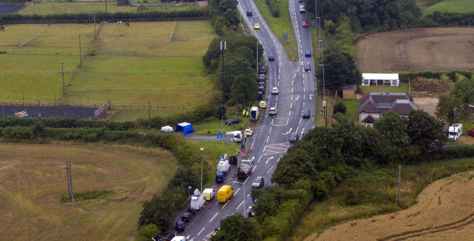 Aerial view of the scene at Ufton Lane, near Sulhamstead, Berkshire, where Pc Andrew Harper, a Thames Valley Police officer, was killed in the line of duty whilst attending a reported burglary on Thursday evening. (Photo by Steve Parsons/PA Images via Getty Images)