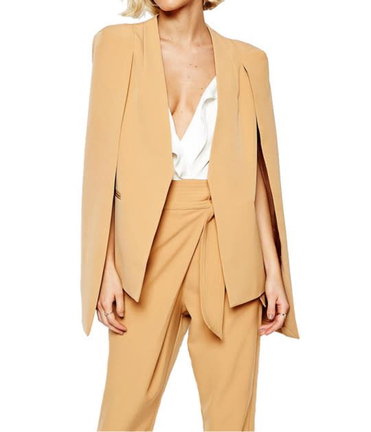 Instead of your standard black blazer, try wearing this caped khaki blazer to work.