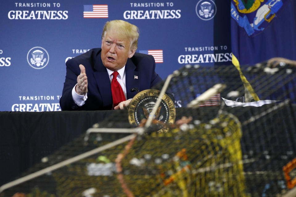 President Donald Trump speaks during a roundtable discussion with commercial fishermen at Bangor International Airport in Bangor, Maine, Friday, June 5, 2020. (AP Photo/Patrick Semansky)