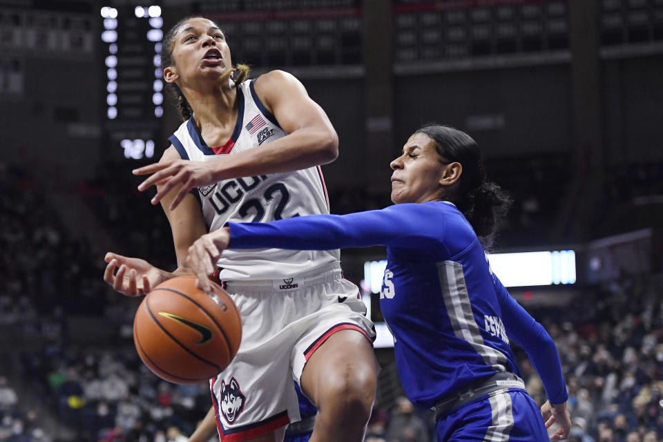 Seton Hall's Andra Espinoza-Hunter, right, knocks the ball from Connecticut's Evina Westbrook in the first half of an NCAA college basketball game, Friday, Jan. 21, 2022, in Storrs, Conn. (AP Photo/Jessica Hill)