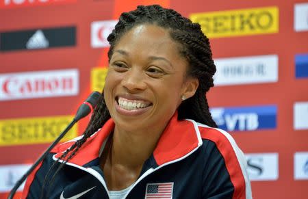 Aug 21, 2015; Beijing, China; Allyson Felix (USA) during press conference at National Stadium in advance of the IAAF World Championships in Athletics. Mandatory Credit: Kirby Lee-USA TODAY Sports