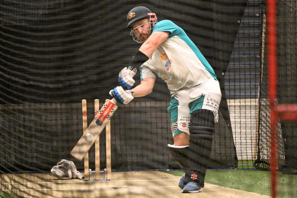 Aaron Finch, pictured here in the nets during a training session at the T20 World Cup.