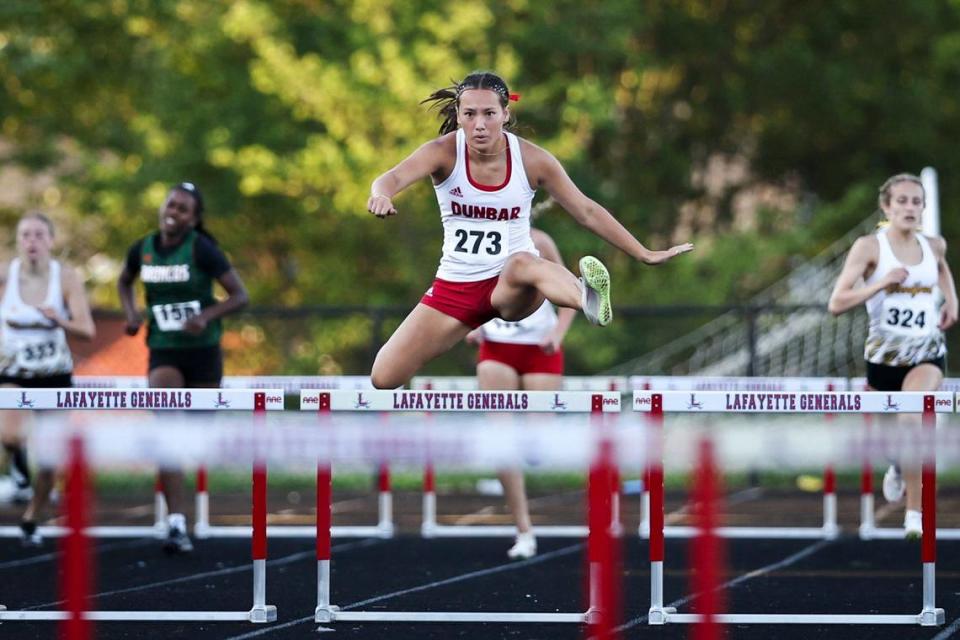 Dunbar’s Keira Antoni won both hurdles events and a relay for the Bulldogs on Tuesday night.