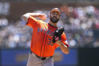 Houston Astros pitcher Justin Verlander throws against the Detroit Tigers in the first inning of a baseball game, Sunday, May 12, 2024, in Detroit. (AP Photo/Paul Sancya)