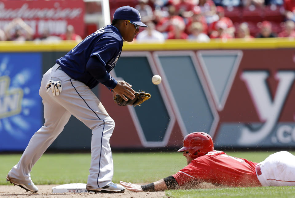 Cincinnati Reds' Zack Cozart, right, slides safely into second base as Tampa Bay Rays shortstop Yunel Escobar bobbles a throw in the sixth inning of a baseball game, Saturday, April 12, 2014, in Cincinnati. Cozart advanced on a wild pitch by starting pitcher Alex Cobb. Tampa Bay won 1-0. (AP Photo/Al Behrman)