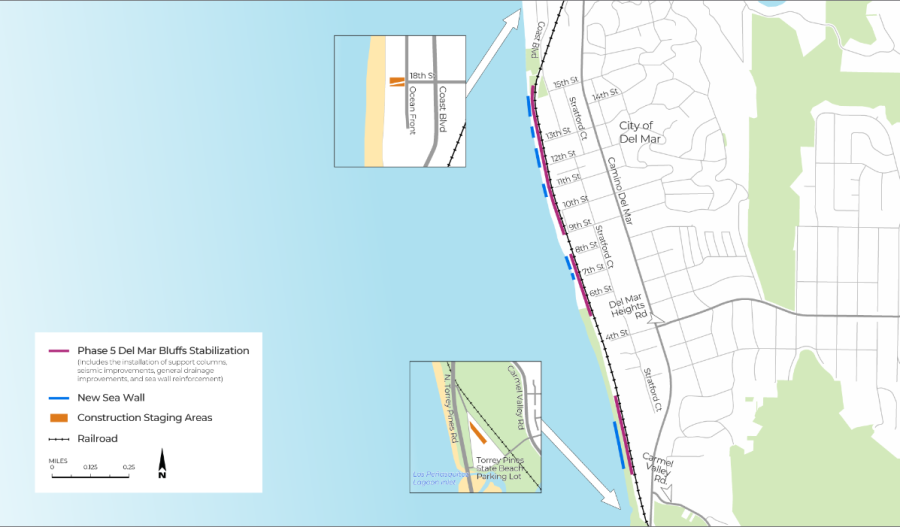 Phase 5 Del Mar Bluffs Stabilization Map showing stabilization efforts, new sea walls and construction staging areas (Photo courtesy SANDAG) 