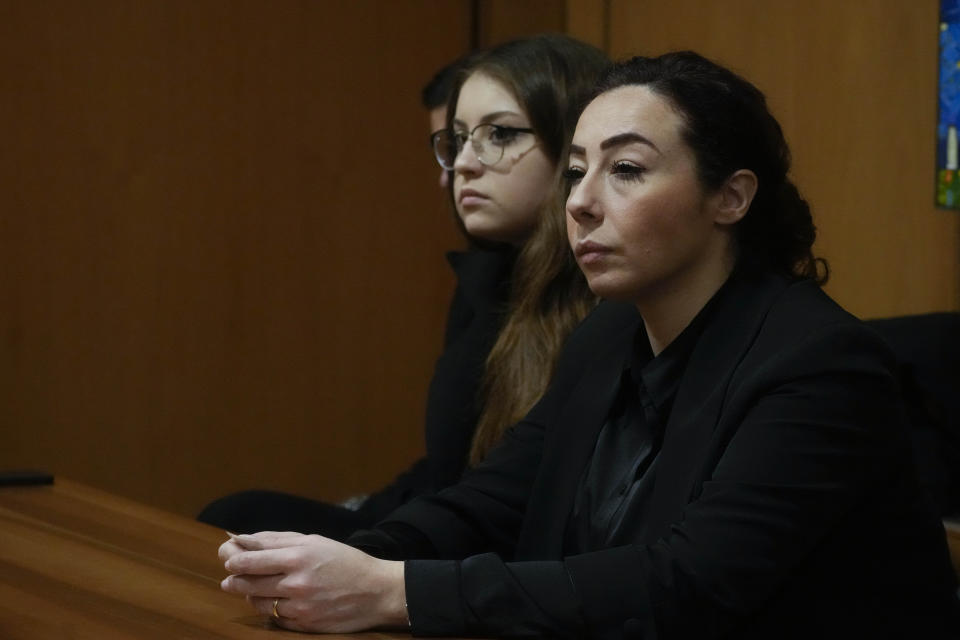 Rosa Maria Esilio, widow of Italian Carabinieri paramilitary police officer Mario Cerciello Rega, attends the appeal trial for his murder, in Rome, Friday, March. 8, 2024.Two American men face a new trial in the slaying of an Italian plainclothes police officer during a botched sting operation after Italy's highest court threw out their convictions. (AP Photo/Gregorio Borgia)