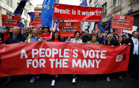 Anti-Brexit supporters demonstrate in the centre of the city, as it hosts the annual Labour Party Conference, in Liverpool, Britain, September 23, 2018. REUTERS/Phil Noble