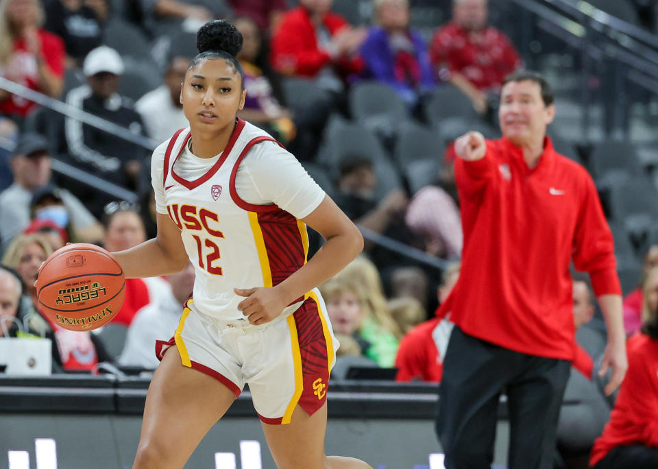 USC's JuJu Watkins brings the ball up the court against Ohio State during the Naismith Basketball Hall of Fame Series at T-Mobile Arena in Las Vegas on Nov. 6, 2023. (Photo by Ethan Miller/Getty Images)