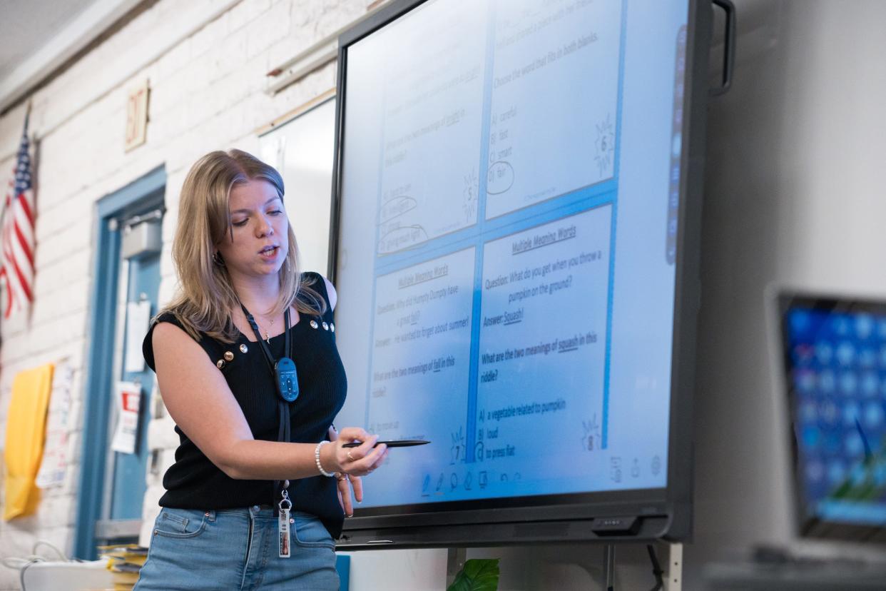 Lindsay Pombier teaches at the front of her classroom at Stevenson Elementary on April 15, 2024, in Mesa., Arizona.