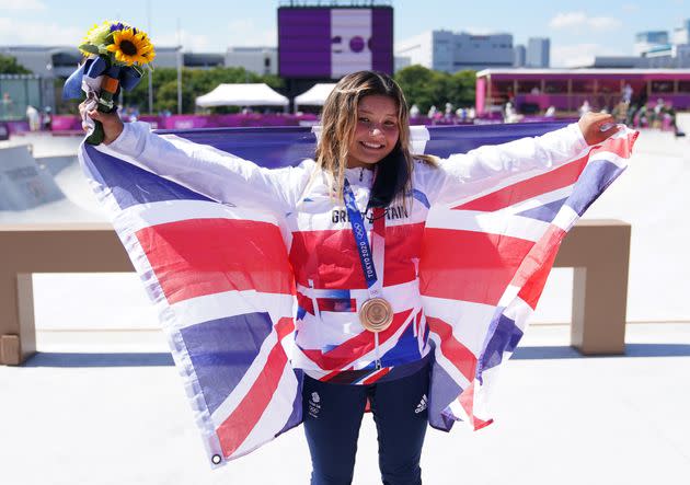 Great Britain's Sky Brown celebrates winning the bronze medal during the Women's Park Final at the Tokyo 2020 Olympic Games in Japan. (Photo: Adam Davy - PA Images via Getty Images)