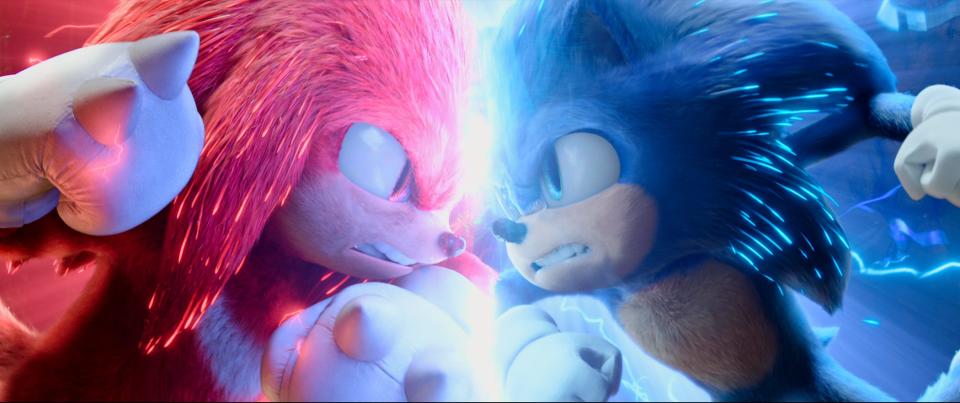 Knuckles (left, voiced by Idris Elba) and Sonic (Ben Schwartz) throw down in "Sonic the Hedgehog 2."