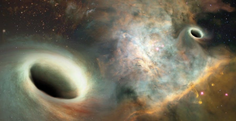 <p><span class="article-embeddable-caption">(Artist's rendering of the pair of supermassive black holes at the center of the galaxy 0402+379, 750 million light-years from Earth.</span><br><cite class="article-embeddable-attribution">Source: Josh Valenzuela/University of New Mexico)</cite></p>