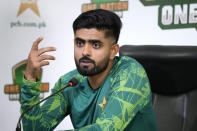 Pakistan's cricket team skipper Babar Azam gives a press conference regarding up coming Twenty20 series against Ireland, England and T20 World Cup, in Lahore, Pakistan, Monday, May 6, 2024. (AP Photo/K.M. Chaudary)