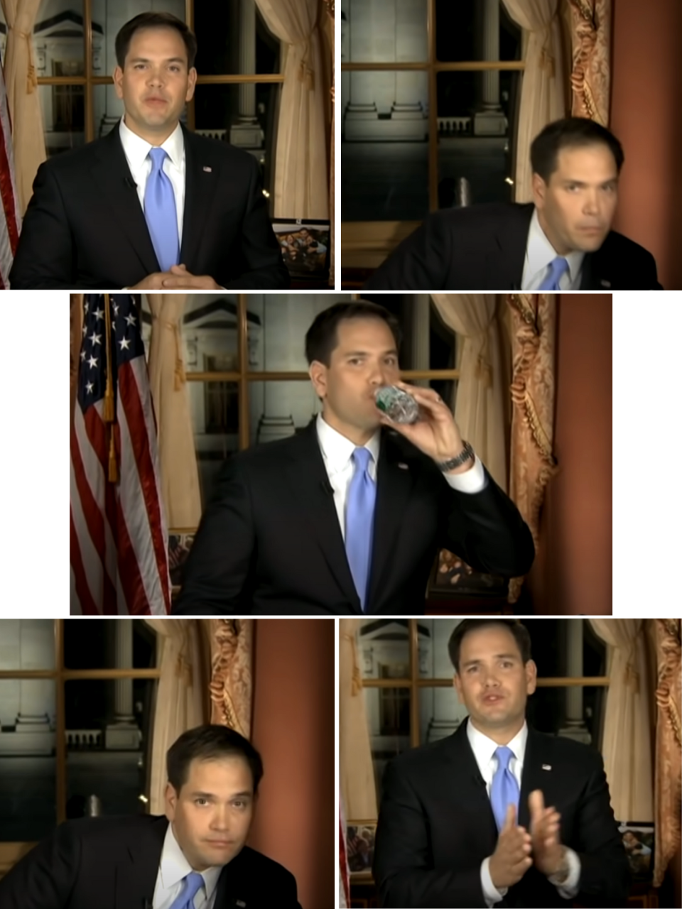 photo series of Marco taking a tiny sip from a water bottle and bending down to place the bottle back down