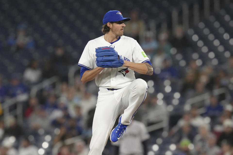 Toronto Blue Jays pitcher Kevin Gausman (34) throws during the first inning of a baseball game against the New York Yankees in Toronto, Wednesday, April 17, 2024. (Chris Young/The Canadian Press via AP)